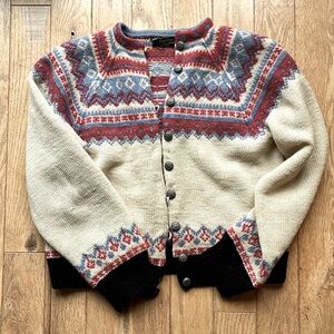 Vintage wool Norwegian cardigan lopapeysa traditional knit pattern size S